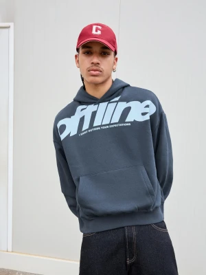 Bershka Bluza Z Kapturem I Nadrukiem Mężczyzna Niebieski