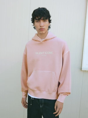 Bershka Bluza Z Kapturem I Nadrukiem Mężczyzna Różowy