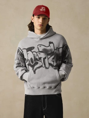 Bershka Bluza Z Kapturem I Nadrukiem Mężczyzna Szary