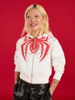 Bershka Bluza Z Kapturem I Nadrukiem Spider-Man Kobieta Biały Złamany