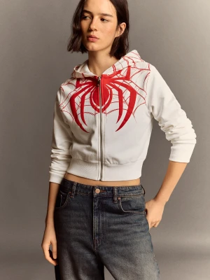 Bershka Bluza Z Kapturem I Nadrukiem Spider-Man Kobieta Biały Złamany