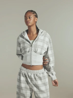 Bershka Bluza Z Kapturem I Suwakiem, Krata Kobieta Szary