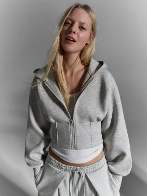 Bershka Bluza Z Kapturem I Suwakiem, Z Wysokim Stanem Kobieta Szary