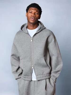 Bershka Bluza Z Kapturem, Suwakiem I Efektem Neoprenu Mężczyzna Szary