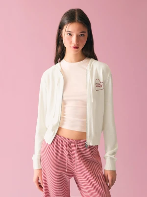 Bershka Bluza Z Kapturem, Suwakiem I Nadrukiem Kobieta Kremowy