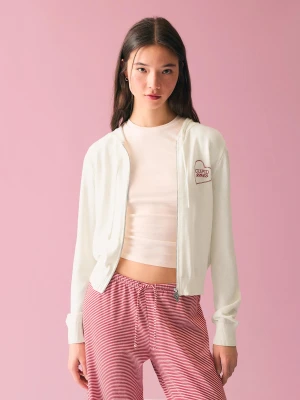 Bershka Bluza Z Kapturem, Suwakiem I Nadrukiem Kobieta Kremowy