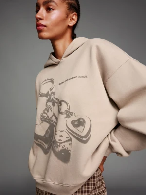 Bershka Bluza Z Kapturem, Suwakiem I Nadrukiem Kobieta Szary