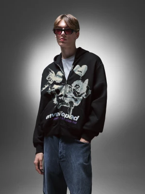 Bershka Bluza Z Kapturem, Suwakiem I Nadrukiem Mężczyzna Czarny