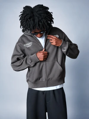 Bershka Bluza Z Kapturem, Suwakiem I Nadrukiem Mężczyzna Szary