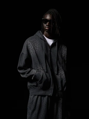 Bershka Bluza Z Kapturem, Suwakiem I Nadrukiem Mężczyzna Szary