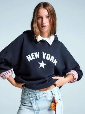 Bershka Bluza Z Kapturem Z Nadrukiem Kobieta Granatowy