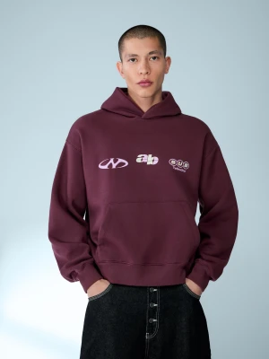 Bershka Bluza Z Kapturem Z Nadrukiem Mężczyzna Bordowy