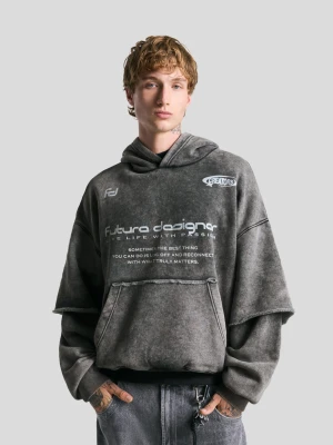Bershka Bluza Z Kapturem Z Podwójnymi Rękawami I Nadrukiem Mężczyzna Szary