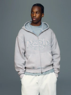 Bershka Bluza Z Kapturem, Zamkiem I Haftem Mężczyzna Wyblakły Niebieski