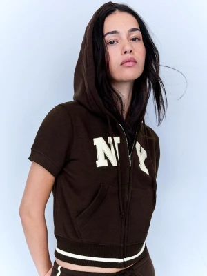 Bershka Bluza Z Krótkim Rękawem, Kapturem I Suwakiem Kobieta Brązowy