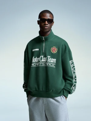 Bershka Bluza Z Suwakiem I Nadrukiem Mężczyzna Zielony