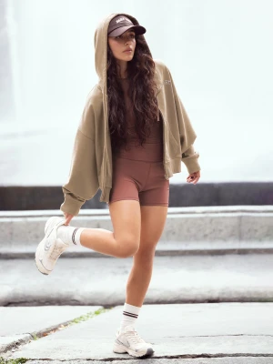 Bershka Bluza Z Suwakiem, Kapturem I Haftem Kobieta Wielbłądzi