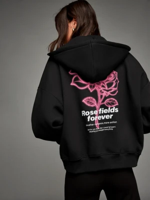 Bershka Bluza Z Suwakiem, Kapturem I Nadrukiem Kobieta Czarny