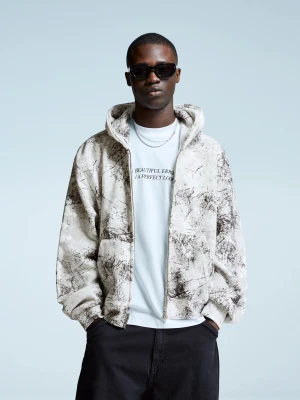 Bershka Bluza Z Suwakiem O Krótszym Kroju I Nadrukiem Mężczyzna Szary