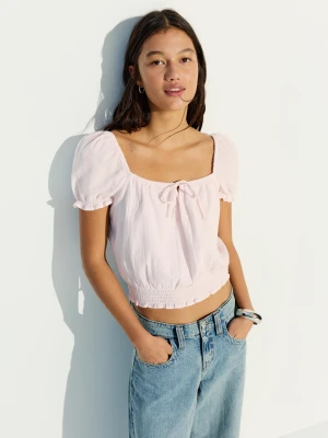 Bershka Bluzka W Stylu Rustykalnym Z Bufiastymi Rękawami Kobieta Różowy