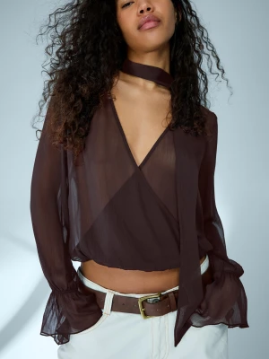 Bershka Bluzka Z Długim Rękawem, Kopertowa Z Apaszką Kobieta Brązowy