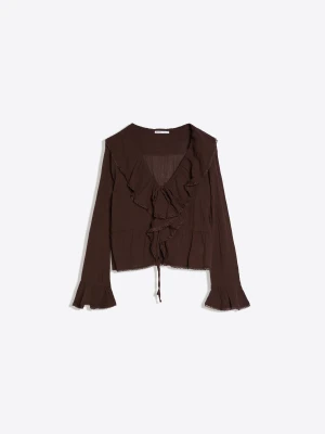 Bershka Bluzka Z Długim Rękawem W Stylu Rustykalnym Z Falbankami Kobieta Brązowy