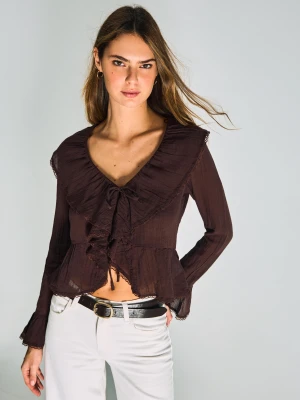 Bershka Bluzka Z Długim Rękawem W Stylu Rustykalnym Z Falbankami Kobieta Brązowy