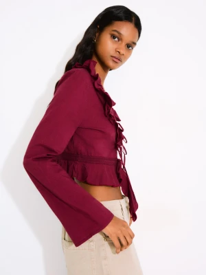 Bershka Ruffled Blouse With Tie Kobieta Burgundy