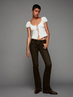 Bershka Bluzka Z Krótkim Rękawem, Strukturalna, Wiązana Kobieta Biały