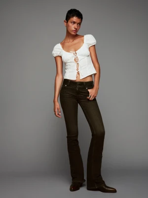 Bershka Bluzka Z Krótkim Rękawem, Strukturalna, Wiązana Kobieta Biały