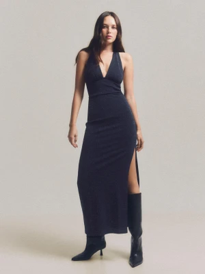Bershka Błyszcząca Sukienka Midi Z Dekoltem Halter Kobieta Granatowy