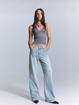 Bershka Błyszczące Jeansy O Kroju Straight Wide Leg Kobieta Wyblakły Niebieski