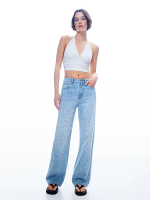 Bershka Błyszczące Jeansy O Prostym Kroju 90'S Kobieta Wyblakły Niebieski