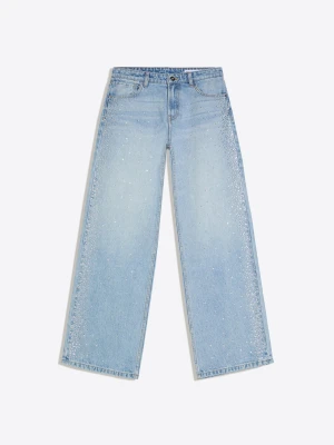 Bershka Błyszczące Jeansy Straight Wide Leg Z Wysokim Stanem Kobieta Wyblakły Niebieski
