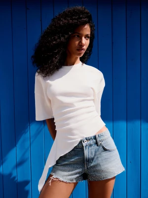 Bershka Błyszczące Shorty Jeansowe Kobieta Wyblakły Niebieski