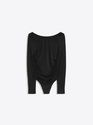 Bershka Body Z Długim Rękawem, Błyszczące, Tył Otwarty Kobieta Czarny