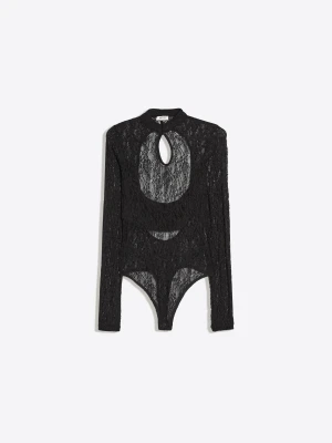 Bershka Body Z Długim Rękawem, Rozcięciem I Koronkowym Dekoltem Kobieta Czarny