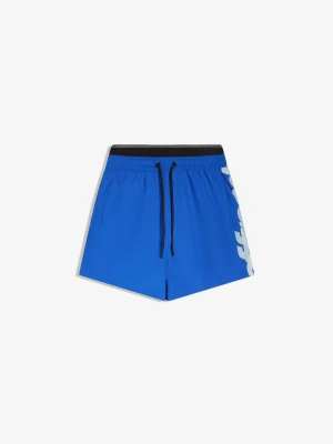 Bershka Boxy Kostium Kąpielowy Z Podwójnym Pasem I Nadrukiem Mężczyzna Ciemnoniebieski