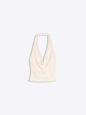 Bershka Cekinowy Top Drapowany Typu Halter Kobieta Biały