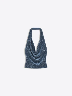 Bershka Cekinowy Top Drapowany Typu Halter Kobieta Niebieski