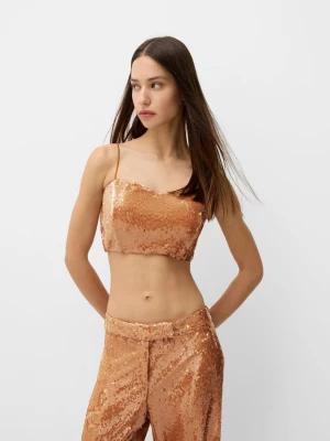 Bershka Cekinowy Top Mini Kobieta Brązowy