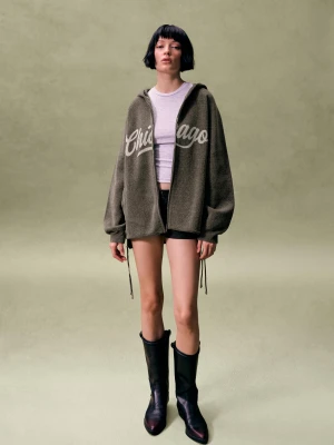 Bershka Chenille'owy Sweter Z Suwakiem I Kapturem Z Nadrukiem Kobieta Szary