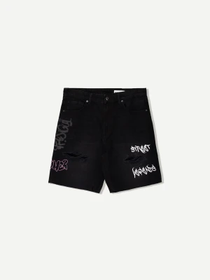 Bershka Denimowe Bermudy Z Nadrukiem Mężczyzna Czarny