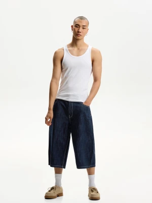 Bershka Denimowe Jortsy Bermudy Super Baggy Mężczyzna Granatowy