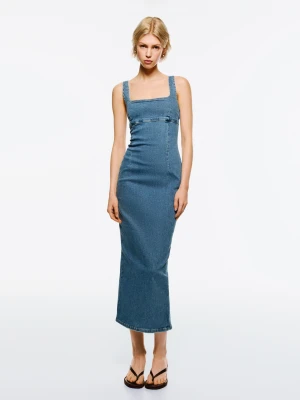 Bershka Długa Denimowa Sukienka Z Ramiączkami Kobieta Wyblakły Niebieski