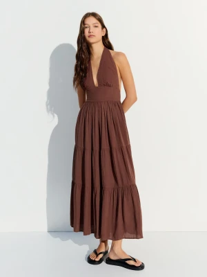 Bershka Długa Sukienka Halter W Stylu Rustykalnym Kobieta Brązowy