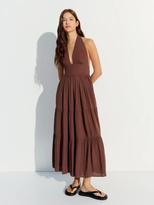 Bershka Długa Sukienka Halter W Stylu Rustykalnym Kobieta Brązowy