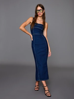 Bershka Długa Sukienka Jeansowa Kobieta Granatowy