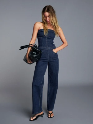 Bershka Długi Kombinezon Jeansowy Bandeau Kobieta Niebieski