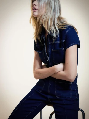 Bershka Długi Kombinezon Jeansowy Kobieta Granatowy